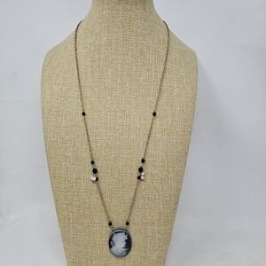 Elegant Cameo Pendant Long Necklace with Beads Accents Vintage Style